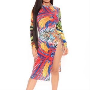 Slitsation Printed Midi Dress - Red/combo